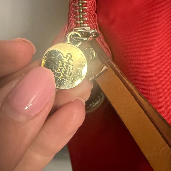 Lands’ End Red Nylon Tote Bag w/ Leather Handles – Classic Large Zip Tote - Picture 5 of 8